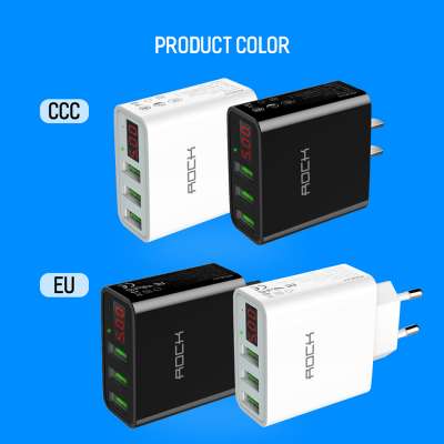 ROCK LED Display Phone Charger EU Plug Portable 3USB Ports Travel Charger For Smartphones